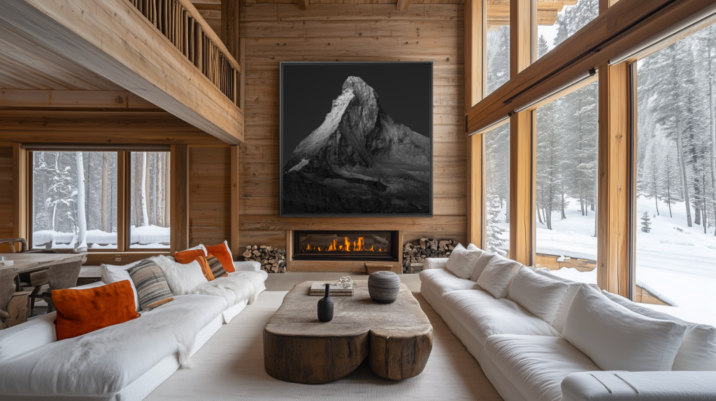 Photographie du Cervin en noir et blanc illuminée par un éclairage chaleureux, intégrée à un salon spacieux au style chalet contemporain.