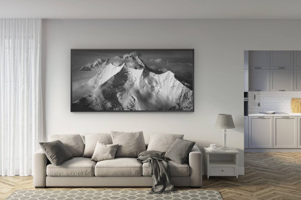 déco salon rénové - tendance photo montagne grand format - photo nadelgrat arête montagne noir et blanc à saas fee et zermatt