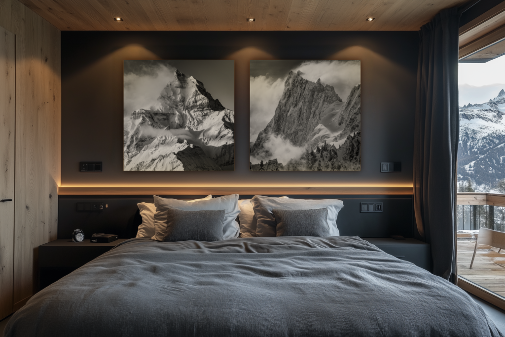 déco chambre chalet suisse rénové - photo panoramique montagne grand format - Dents du Midi
